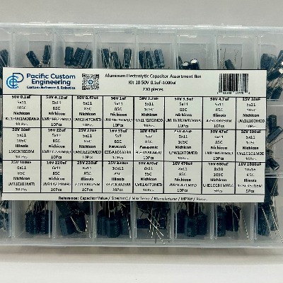 Pacific Custom Engineering - 24 Value - Aluminum Electrolytic Capacitor Assortment Box Kit 10-50V 0.1uF-1000uF - Nichicon, Panasonic, Illinois